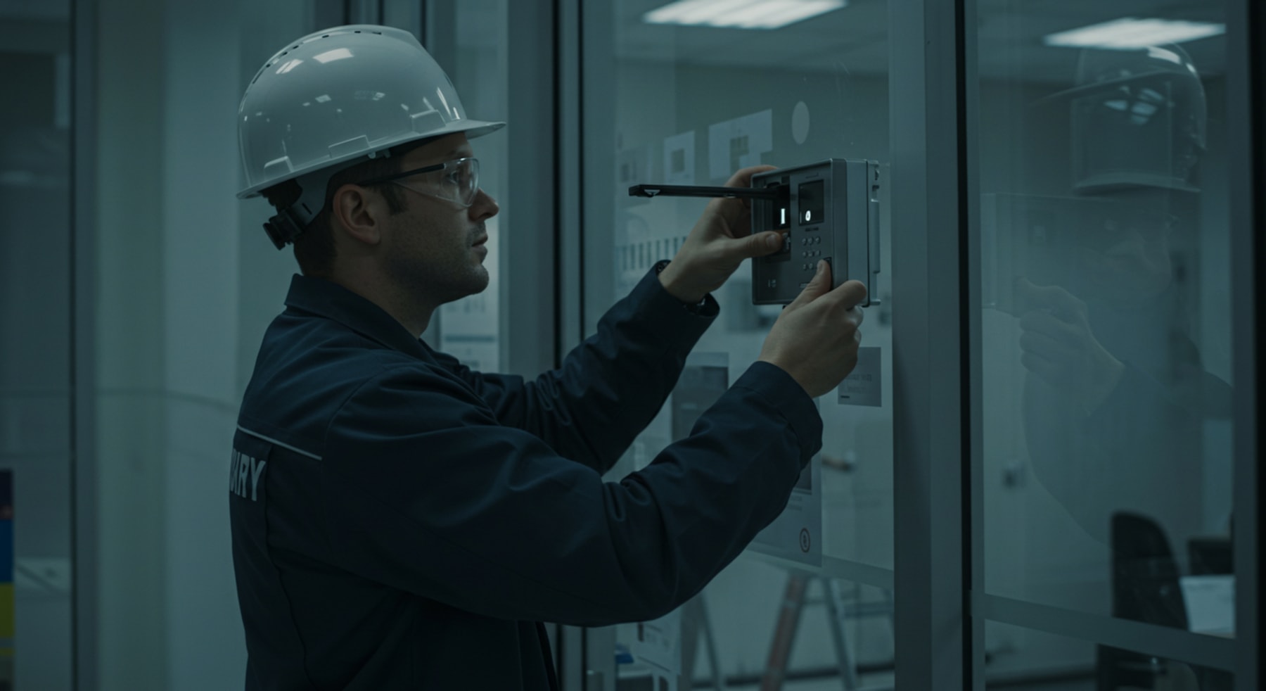 Tekniker installerar ett passersystem vid en entré